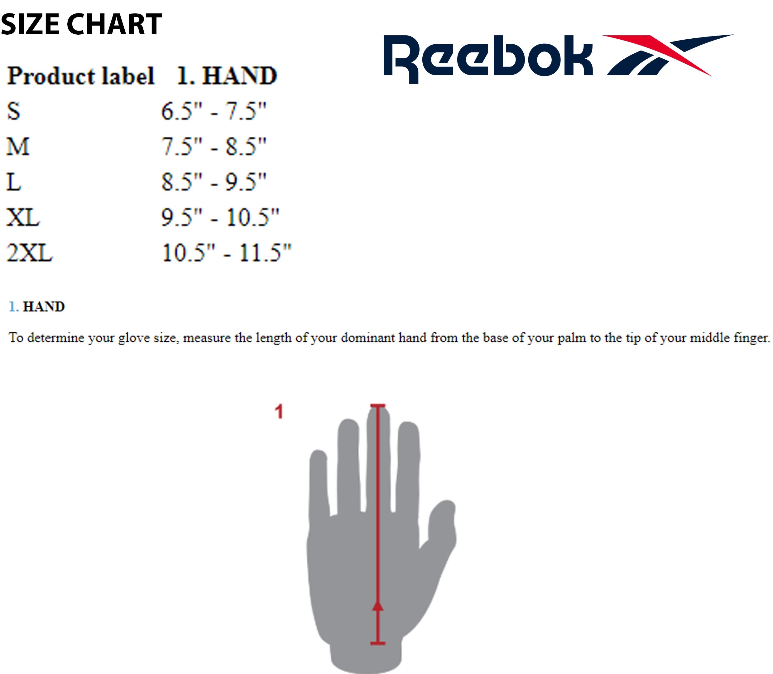 reebok men's fitness gloves size chart