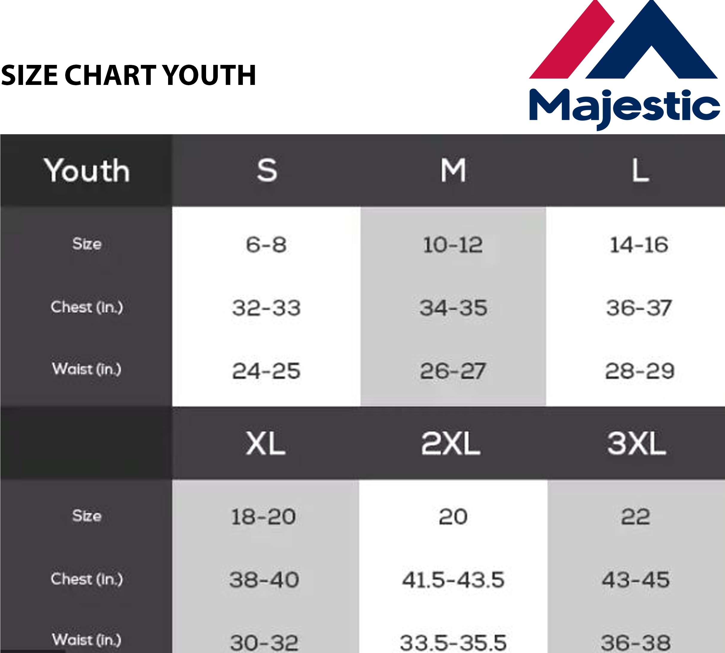 majestic jersey youth size chart