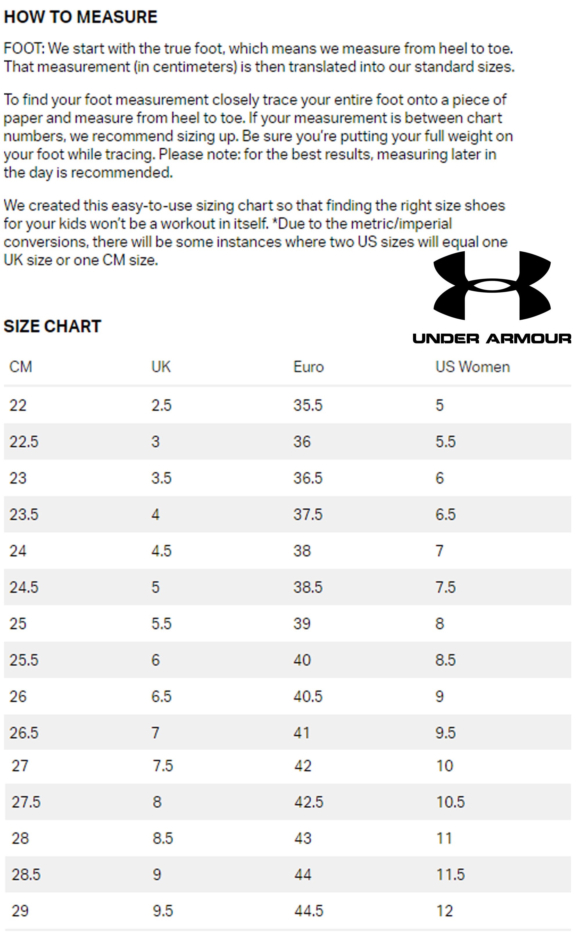 under armour womens sizes