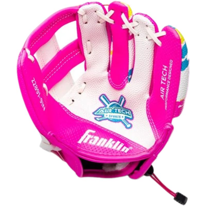 Franklin 22891 9 Inch Synthetic Airtech White/Pink/Yellow Baseball Glove with Ball|  Left Hand Catch