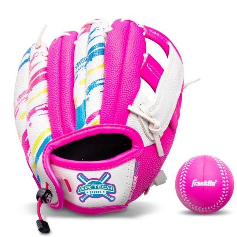 Franklin 22891 9 Inch Synthetic Airtech White/Pink/Yellow Baseball Glove with Ball|  Left Hand Catch