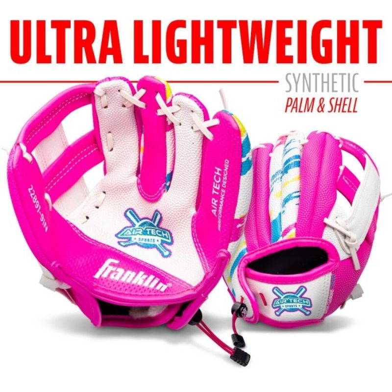 Franklin 22891 9 Inch Synthetic Airtech White/Pink/Yellow Baseball Glove with Ball|  Left Hand Catch