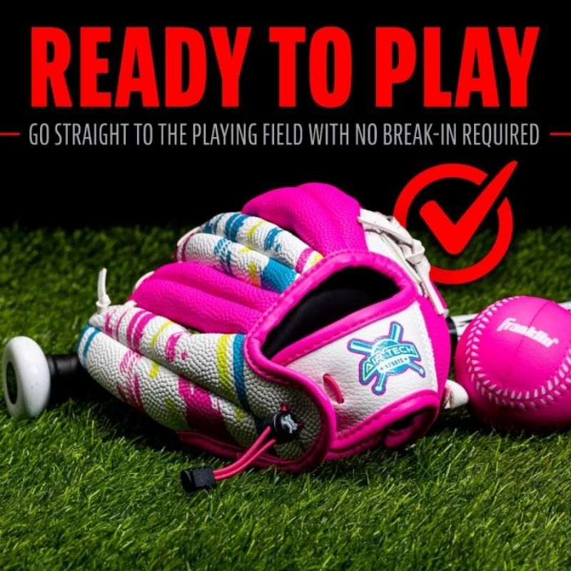 Franklin 22891 9 Inch Synthetic Airtech White/Pink/Yellow Baseball Glove with Ball|  Left Hand Catch