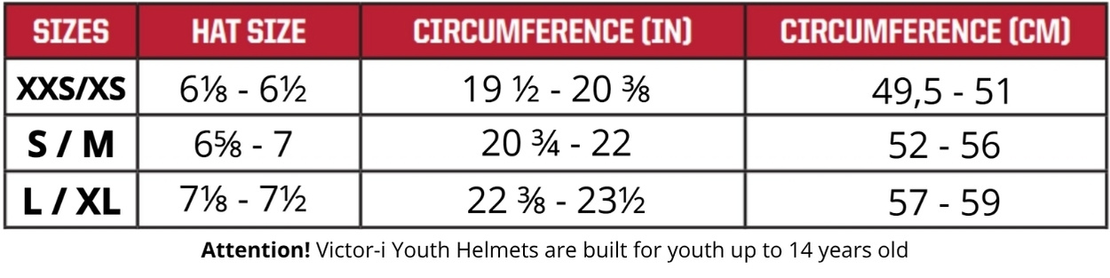 Riddell Victor-i Youth Helmet Size chart